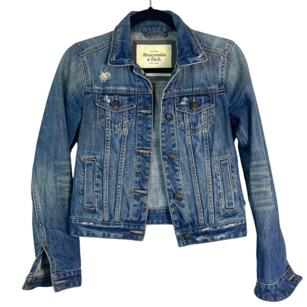 Abercrombie & Fitch Distressed Cropped Denim‎ Jacket Blue Trucker XS